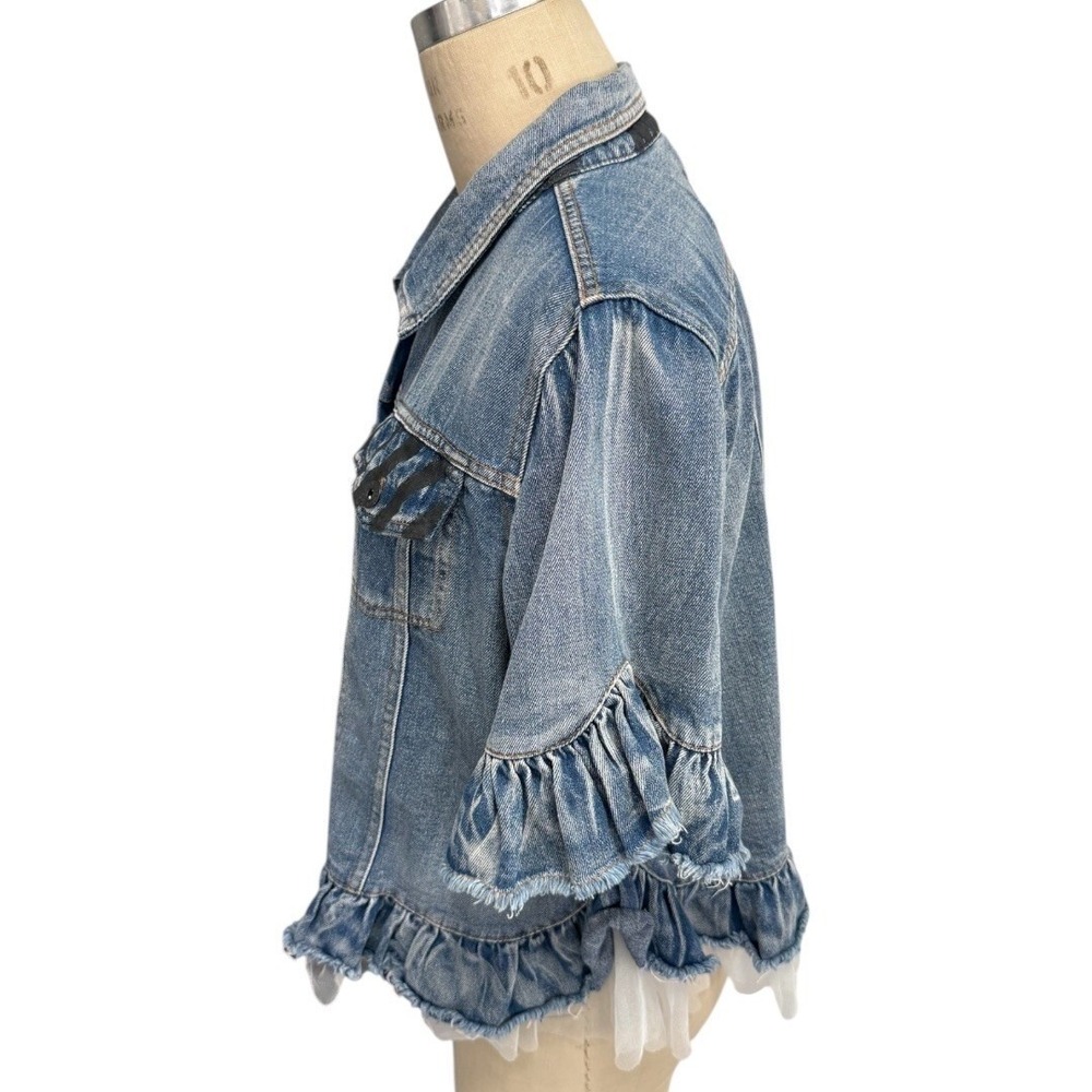 Wren + Glory Painted Denim Jacket Tulle Trim Ruffle Sleeve Art Graphic One Size - Picture 6 of 9